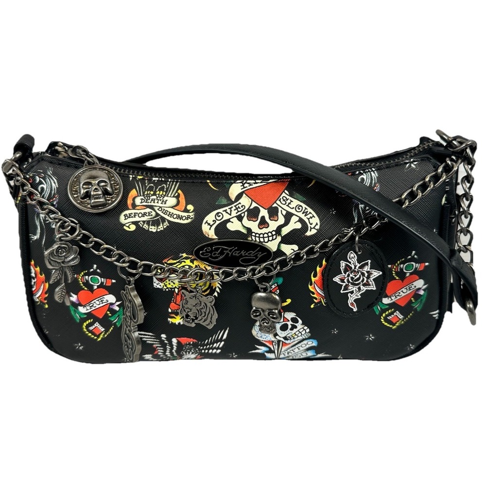 Ed Hardy Black Tattoo Print Shoulder Bag Chain Strap Skull Charms NWT